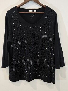 Chicos Zenergy black rhinestone Knit Top Shirt Sz 3 XL 16 Comfy Casual